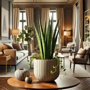 a potted snake plant in a living room